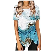 Tie Dye Shirt Women Short Sleeve Oversized T Shirts Asymmetrical Button Slit Hem Tops Marble Printing Tunic Blouse