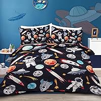Outer Space Bedding Astronaut Rocket Ship Planets Stars Print Bedspread 3 Pieces Boys Space Adventure Duvet Cover Set (Queen)