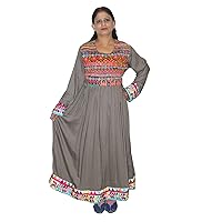 Indian Women 100% Cotton Embroidered Work Grey Color Floral Print Summer Long Dress Casual Plus Size