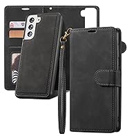 QLTYPRI Case for Samsung Galaxy S21, 2 in 1 Detachable Wallet Case PU Leather with [Card Slots] [Kickstand][Wrist Strap][Magnetic Closure] Shockproof Flip Cover for Samsung Galaxy S21- Black
