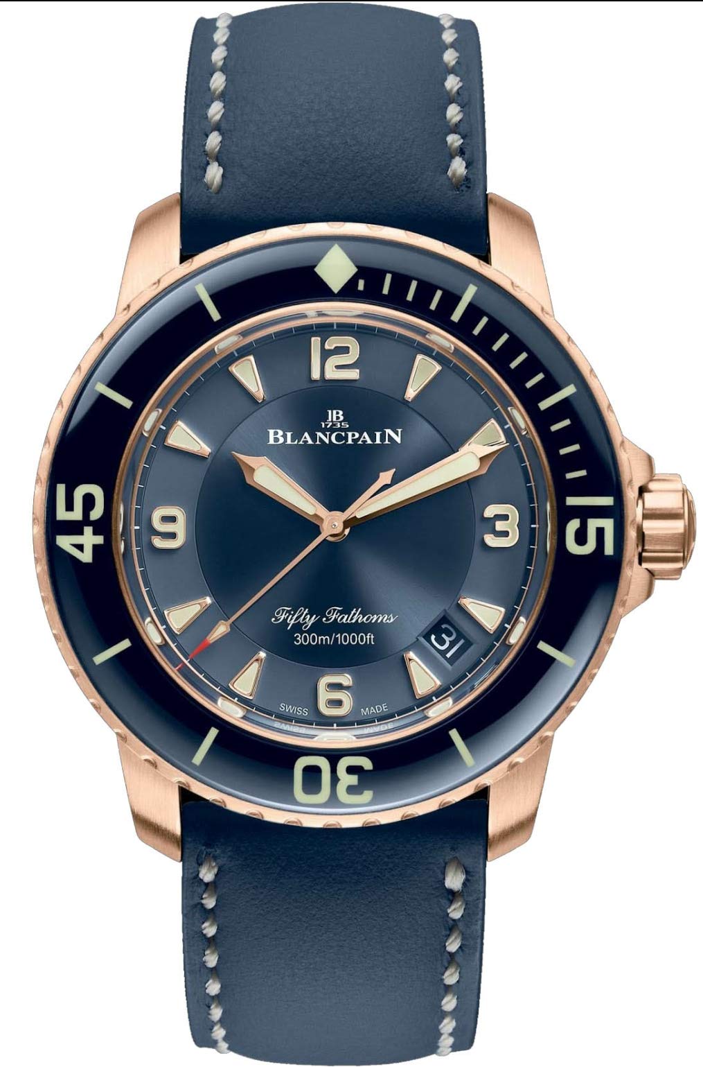 Blancpain Rose Gold Fifty Fathoms Automatic Mens Blue Watch