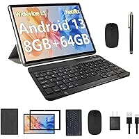 10.1 inch Android 13 Tablet with Keyboard, 2024 Newest 2 in 1 Tablet, 8GB+64GB Tablets with Case Mouse Stylus, 1.8GHz Quad Core, 1280*800 HD Touch Screen, 8MP Dual Camera, Games, Wi-Fi, BT Tableta PC