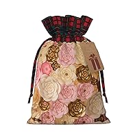 WURTON Pink White Gold Flowers Print Christmas Wrapping Bags Gift Bag With Drawstring Xmas Goodie Bags Party Favors