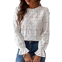 CUPSHE Women Casual Embroidered Floral Eyelet Long Sleeve Blouses Trumpet Sleeve Woven Slim Fit Blouse Tops