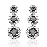 Ornaatis 4.00 Carat (Cttw) Round Cut Natural White and Black Three Stone Halo Dangle Earrings 10K Solid White Gold
