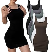 5 Piece Women Sleeveless Tank Dresses Square Neck Slim Fit Short Casual Bodycon Party Club Mini Dress