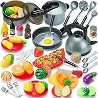 Theefun Kids Kitchen Toy Accessories: Play Food Sets for Kids Kitchen, Pretend Cooking Playset with Pressure Pot, Pan, Utensils Cookware, Learning Toys for Toddlers, Birthday Gifts for Girls Boys