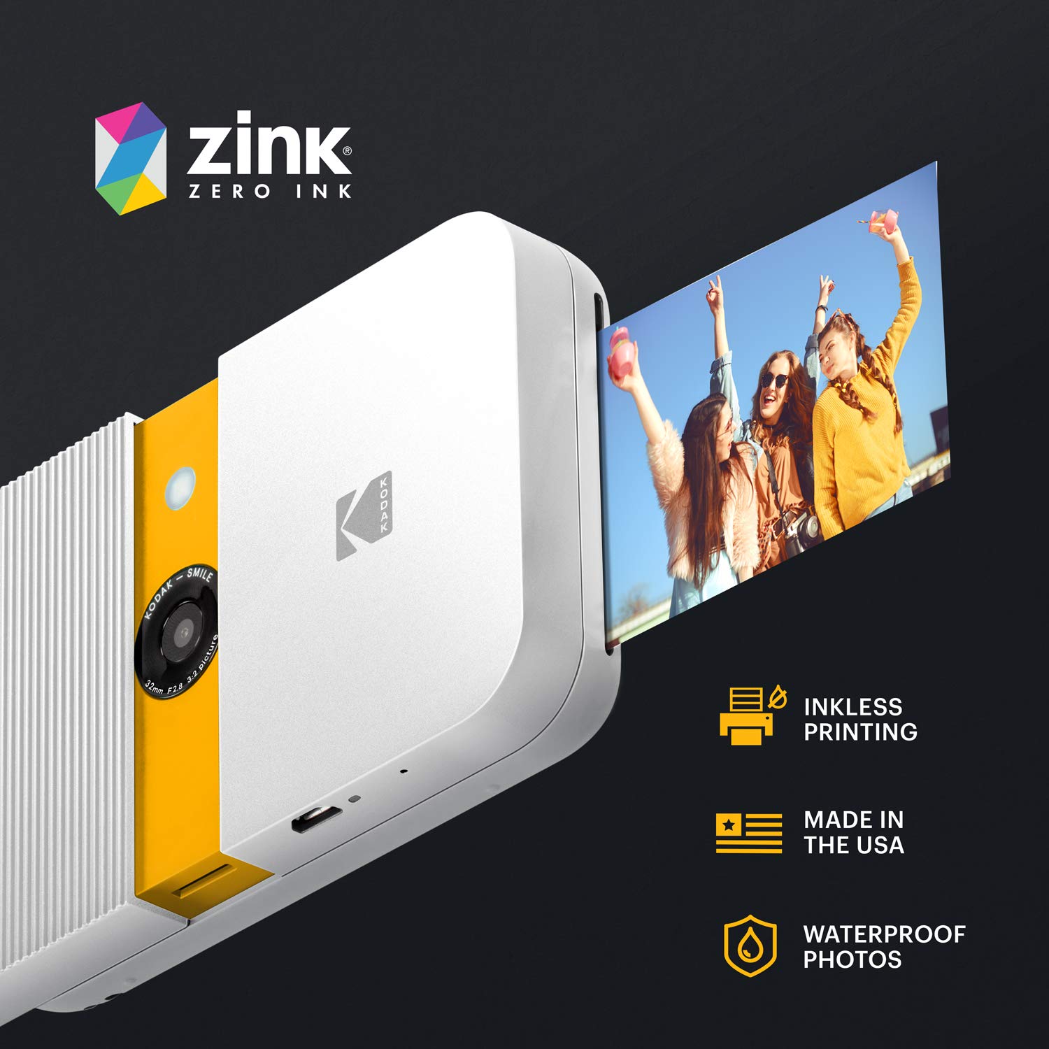 KODAK Smile Instant Print Digital Camera – Slide-Open 10MP Camera w/2x3 ZINK Printer (White/ Yellow)