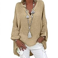 Womens 2024 Summer Spring Long Sleeve V Neck Top Casual Loose Baggy Solid Color Tops Blouses Lightweight Cotton Linen Shirts