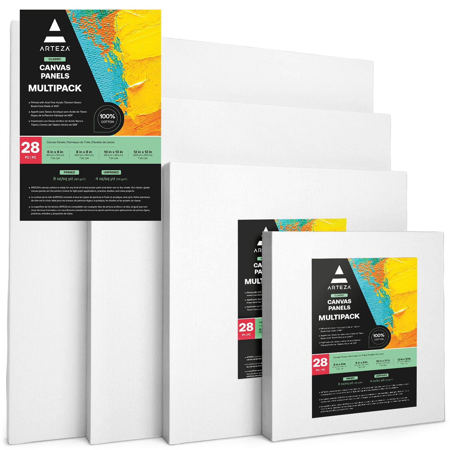 ARTEZA Canvases for Painting, Multipack of 28, 6 x 6, 8 x 8, 10 x 10, 12 x 12 Inches, Square Canvas Boards, 100% Cotton, 8 oz Gesso-Primed, Art Supplies for Acrylic and Oil Painting
