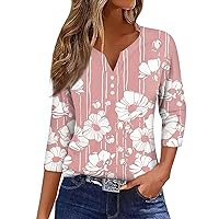 Womens Casual Tops 3/4 Length Sleeve Summer Button Down Shirts Vintage Printed Graphic Tees Elegant V Neck Blouse