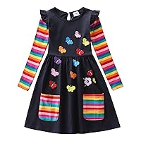 Girls Rainbow Dress Long Sleeve Round Neck Casual Butterfly Floral Star Ruffle Dress with Pockets Fall Clothes