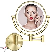 Lighted Makeup Mirror Wall Mounted Gold, Double Sided 1/5X Magnifying Mirror Wall Mount with Light, 360 Swivel Cosmetic Mirror for Bathroom, Brass Brushed Gold, Hardwired