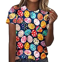 Easter Day Shirts Womens Cute Colorful Bunny Eggs T-Shirts Short Sleeve Round Neck 2024 Summer Funny Graphic Tees Tops