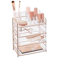 mDesign Plastic Cosmetic Storage Organizer Station with 3 Drawers and 16 Divided Sections for Bathroom, Cabinet, Vanity, Countertop - Holds Makeup Palettes, Brushes, Blush, Mascara - Rose Gold/Clear