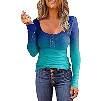 Long Sleeve Shirts for Women Color Block V Neck Lace Tunic Tops Casual Slim Fit Ribbed Knit Button Down Blouses Tops Blue