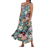 Maxi Dress for Women Floral Print Cotton Linen Summer Beach Tank Dress Round Neck Sleeveless Sundress with Pockets