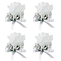 Wrist Corsage 4 Packs Wedding Bridal Wrist Flower Rose Wristband Corsage Flower for Bride Bridesmaid Perfect for Wedding, Prom, Party (4 Packs, Wrist Flower-White)