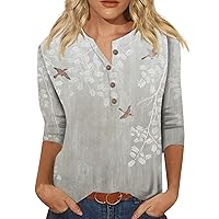 Women Tops V Neck Ethnic Button Down Shirts 2023 Summer Tees 3/4 Sleeve Slim Fit Blouse Slim Cute Floral Tshirts