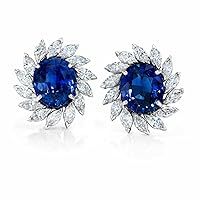 Round Cut Blue Sapphire & Diamond 925 Sterling Silver 14K White Gold Over Diamond Halo Flower Stud Earrings