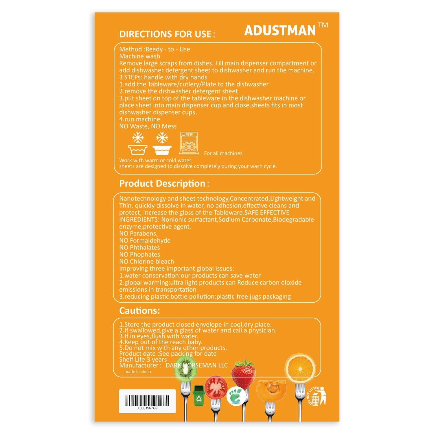 ADUSTMAN ECO Friendly Dishwasher Detergent,Fresh 60 Sheets,Natural Biodegradable Easy to Use,More Convenient Dishwashing Pod Liquid Pacs Tablets Pure Cleaning For Mothers Gifts