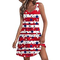 Sundress for Women Summer July 4th Patriotic Blouses T-Shirts Dress V Neck Loose Tank Dresses with Pockets