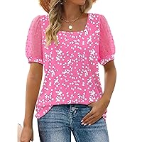 Aokosor Womens Summer Tops 2024 Square Neck T Shirts Swiss Dot Puff Sleeve Loose Casual Tshirts