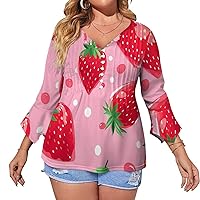 Cute Strawberry Womens 3/4 Sleeve Shirts V Neck Casual Ruffle Tops Loose Button Blouses