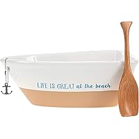 Pavilion Gift Company 12 Oz Stoneware Boat Dish Server With Wooden Oar Scoop Life Is At The Beach, Beige