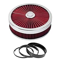 Full Flow Round 9''X3'' Air Filter Assembly Kit RED, Washable and Reusable, with Mounting Stud & Wing Nut & Air Cleaner Riser Kit, for 4 Barrel Carburetor V8 Chevy Fοrd