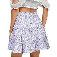 Ladies Smocked Mini Skirt Vintage Floral Print Boho Skirts Elastic High Waist Ruffle Short Skirt Western Beach Skirt