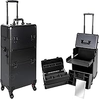 Ver Beauty 3-in-1 Professional 4 Removable Wheels Rolling Aluminum Art Craft Supplies Makeup Tattoo Artist Tool Case Organizer Easy-Slide Extendable Trays with Dividers Mirror, Black Matte