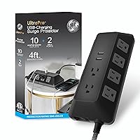 GE UltraPro Adapt 10-Outlet Surge Protector with USB Ports, 2 USB-A Ports, 2.4A, 12W, 4ft Braided Cord Power Strip Surge Protector, 3540 Joules, Black, 73775