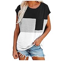Women's Summer Tops Casual Cap Sleeve T Shirts with Pocket Basic Loose Short Sleeve Solid Color Blouse