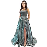 Long Prom Dresses 2022 Glitter Evening Dress A Line Ball Gown with Pockets Side Slit Party Dress