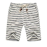 Flygo Men's Summer Casual Linen Drawstring Striped Beach Shorts