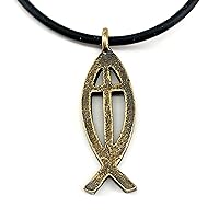 Jesus Fish Large Ichthus Cross Antique Brass Finish Pendant Black Rubber Necklace