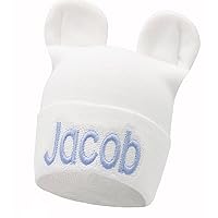 Newborn Baby Bear Ears Hospital Hat for Boys – Personalized & Customizable Beanie Caps for Infants - Soft, Stretchy & 2-Ply Fabric - Head Wraps for Newborn - White