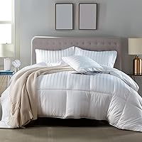 Blue Ridge Home Fashions 500 Thread Count Cotton Damask Duraloft Striped Down Alternative Lightweight Duvet Bed Comforter, Full/Queen, White