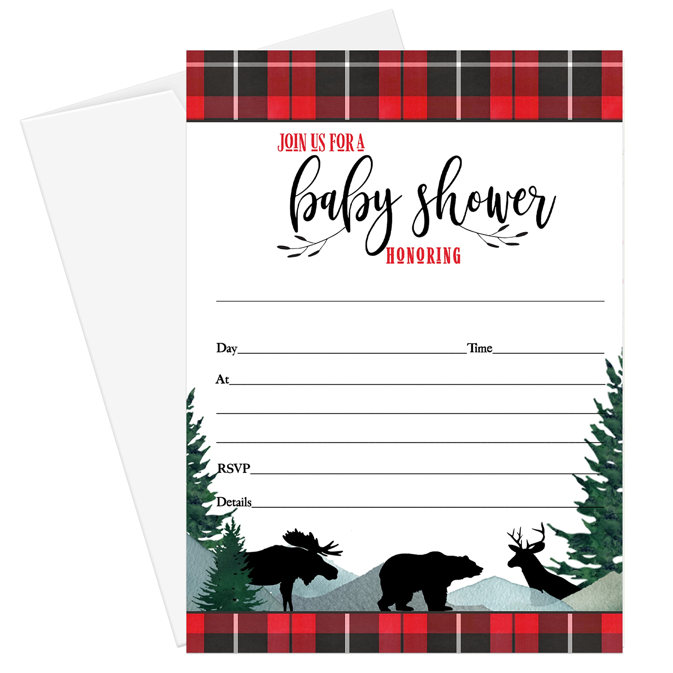 Lumberjack Invitations with Envelopes (25 Pack) Baby Bear Shower Invites Blank Fill-In Party Details - Red and Black Plaid - 5x7 Size Set - Paper Clever Party