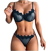 Plus Size Womens 2 Pcs Embroidered Lace Lingerie Set Sexy Mesh Strappy Bra & Panty Outfits Naughty Exotic Sleepwear