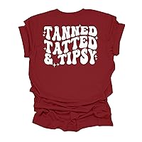 Womens Cute Funny Tanned Tatted & Tipsy Groovy Design Ladies Short Sleeve T-Shirt