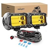 Nilight - ZH304 Led Light Bar 2PCS 5Inch 72W 10800Lumens Yellow Flood Beam Fog Driving Lamps Off-Road Lights with 16AWG Wiring Harness Kit-2 Lead, 2 Year Warranty