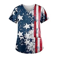 Womens 4Th of July Red White Blue Star Stripes Short Sleeve Scrub Tops V Neck Casual Summer Work Shirts Blouse