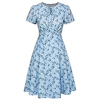 Belle Poque Women's 1940s Vintage A Line Swing Dress Keyhole Tie Dress Round Neck Work Dress Tea Dress