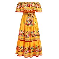 Women Mexican Dress Off Shoulder Floral Long Maxi Dress Summer Beach Party Cinco de Mayo Dresses with Belt