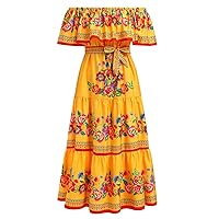 AFAVOM Mexican Dresses for Women Mexican Embroidered Floral Print Off Shoulder Summer Casual Beach Long Maxi Boho Dresses