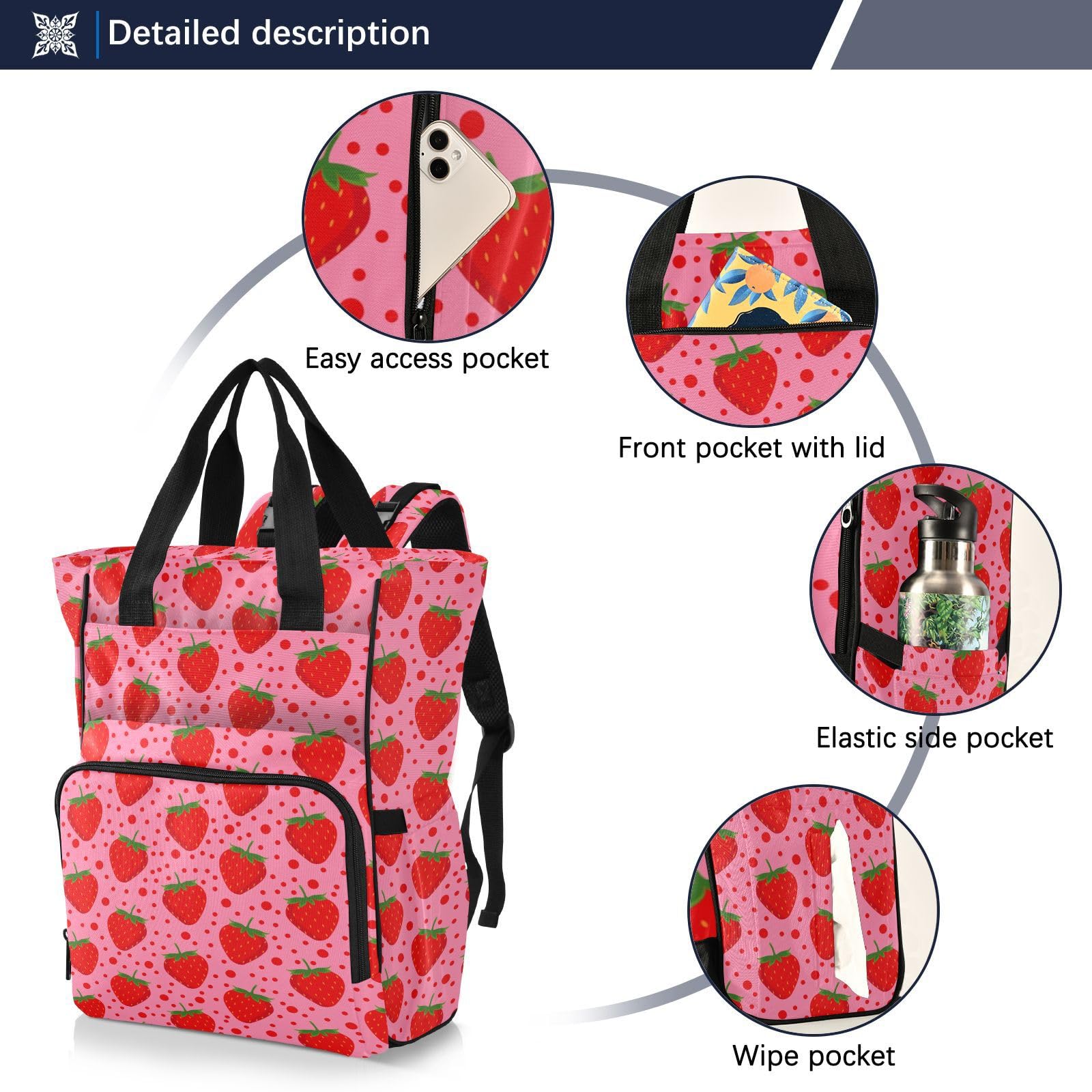 innewgogo Pink Strawberry Dot Diaper Bag Backpack for Men Women Large Capacity Baby Changing Totes with Three Pockets Multifunction Travel Baby Bag for Travelling