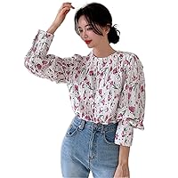 Women's Tops Women's Shirts Floral Print Keyhole Back Contrast Lace Bishop Sleeve Blouse Women's Tops Shirts for Women