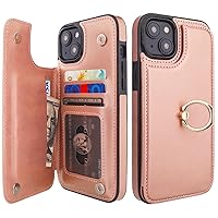 for iPhone 15 Plus Wallet Case with Card Holder, 360° Rotation Ring Kickstand RFID Blocking PU Leather Double Magnetic Clasp Shockproof Cover for Women and Girls 6.7 Inch (Rose Gold)